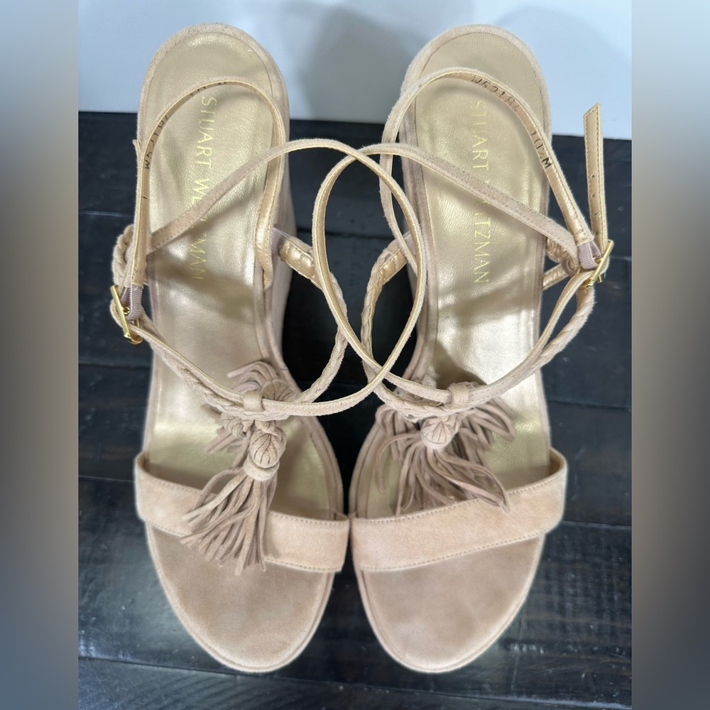 Stuart Weitzman Tasselmania Suede Wedge Sandal, Beige, Size 10.5 - Picture 9 of 11